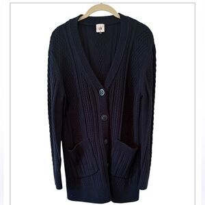 CAbi Woman's Blue Cable Knit Slant Pocket Button Up Cardigan Sweater Size M